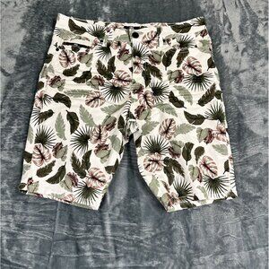 Benjamin Black Mens Tropical Print Shorts Size 36 Cotton Blend White/Green/Pink